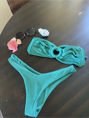 Kulani Kinis Ribbed Teal Bikini Top - Ring Detail